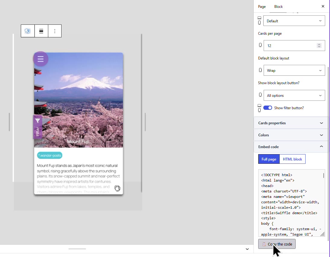 Embed code panel of the Swiffle Grid block with the Copy the code button