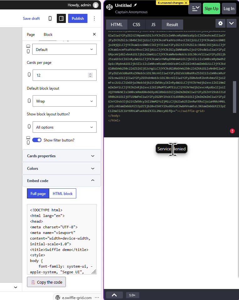 Service denied message in the CodePen preview before the website is allowed