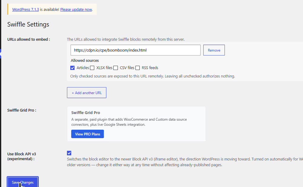 Swiffle Settings with a URL allowed to embed and Articles ticked in Allowed sources