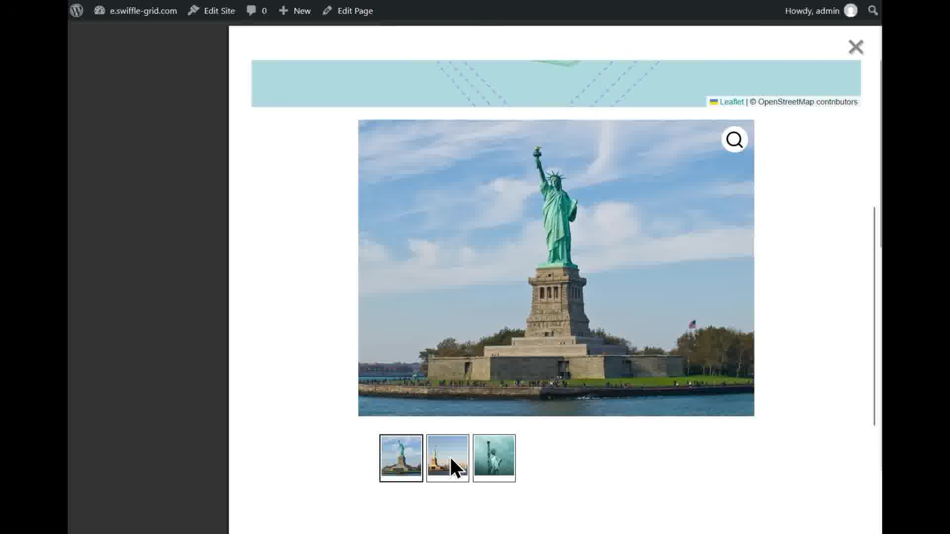 A WooCommerce-style image gallery with a main photo and clickable thumbnails