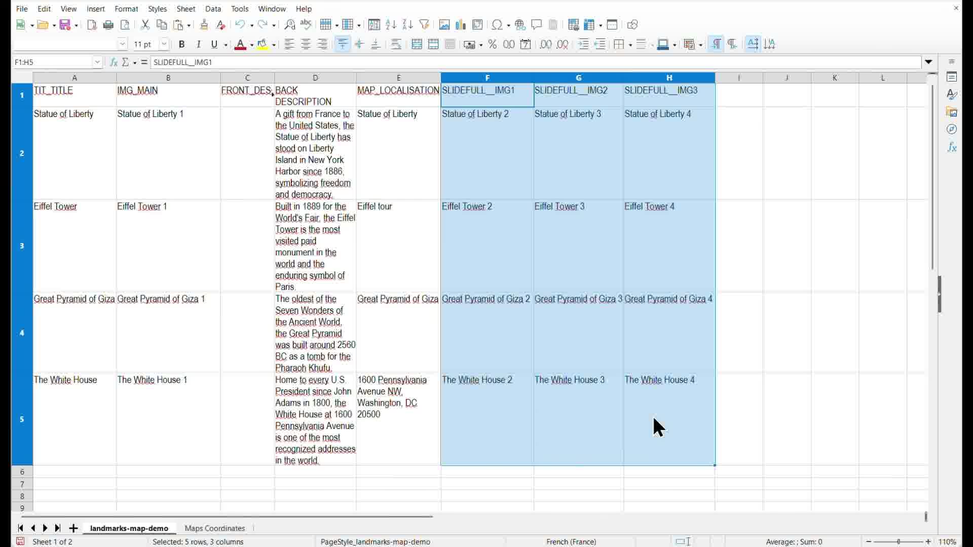 A spreadsheet with SLIDEFULL_IMG1, SLIDEFULL_IMG2, and SLIDEFULL_IMG3 columns filled with extra image names