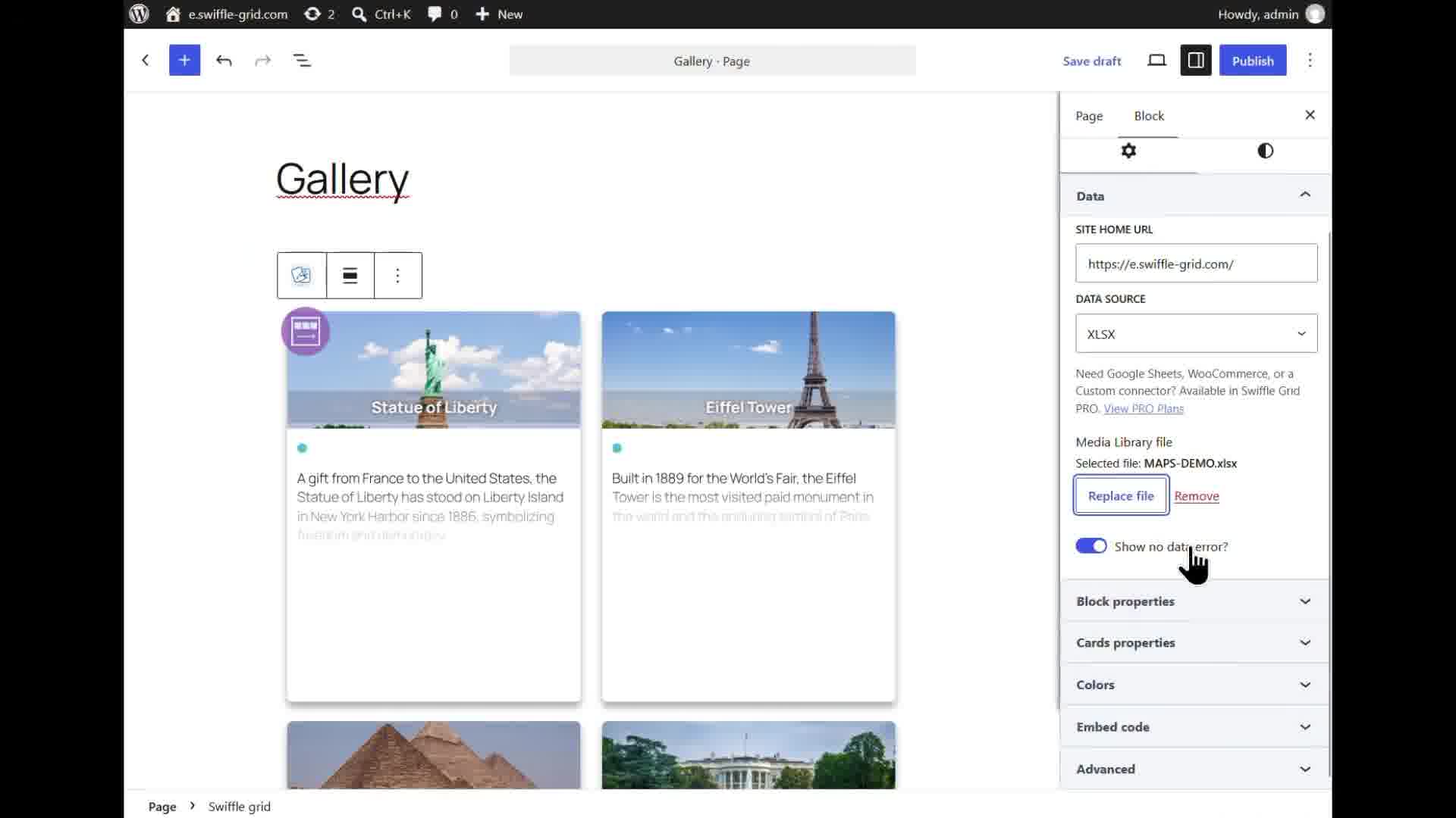 Swiffle Grid block with XLSX selected as the data source, rendering the landmark cards